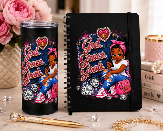 Pink God. Grace. Goals. Denim Journal and Tumbler Set