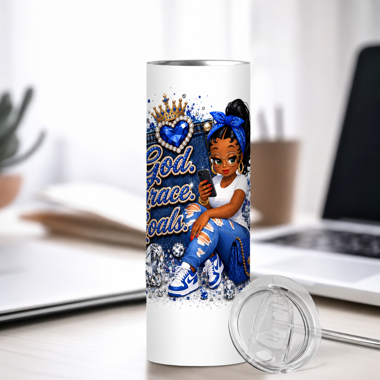 Blue God. Grace. Goals. Denim Tumbler (half wrap)