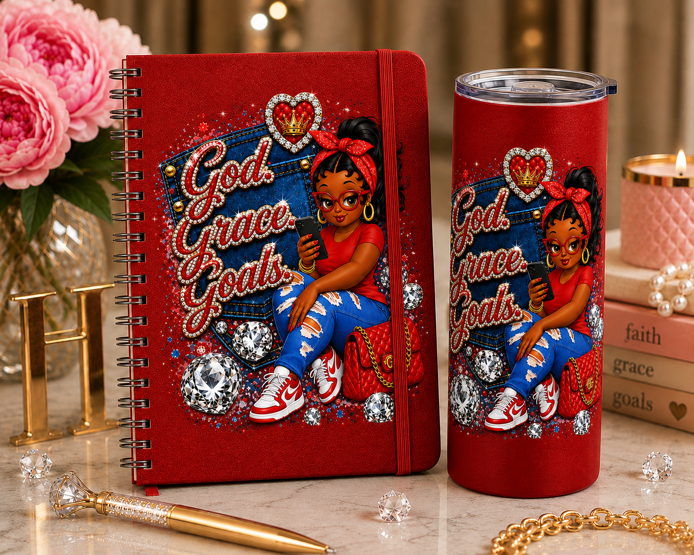Red God. Grace. Goals. Denim Journal and Tumbler Set