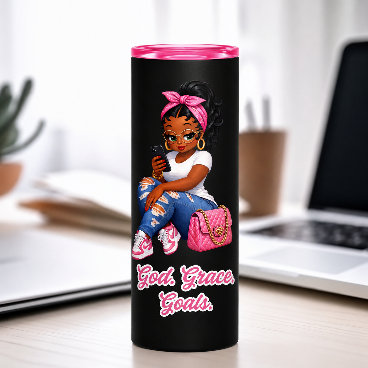 God. Grace. Goals 20 oz. Skinny Tumbler (Pink)