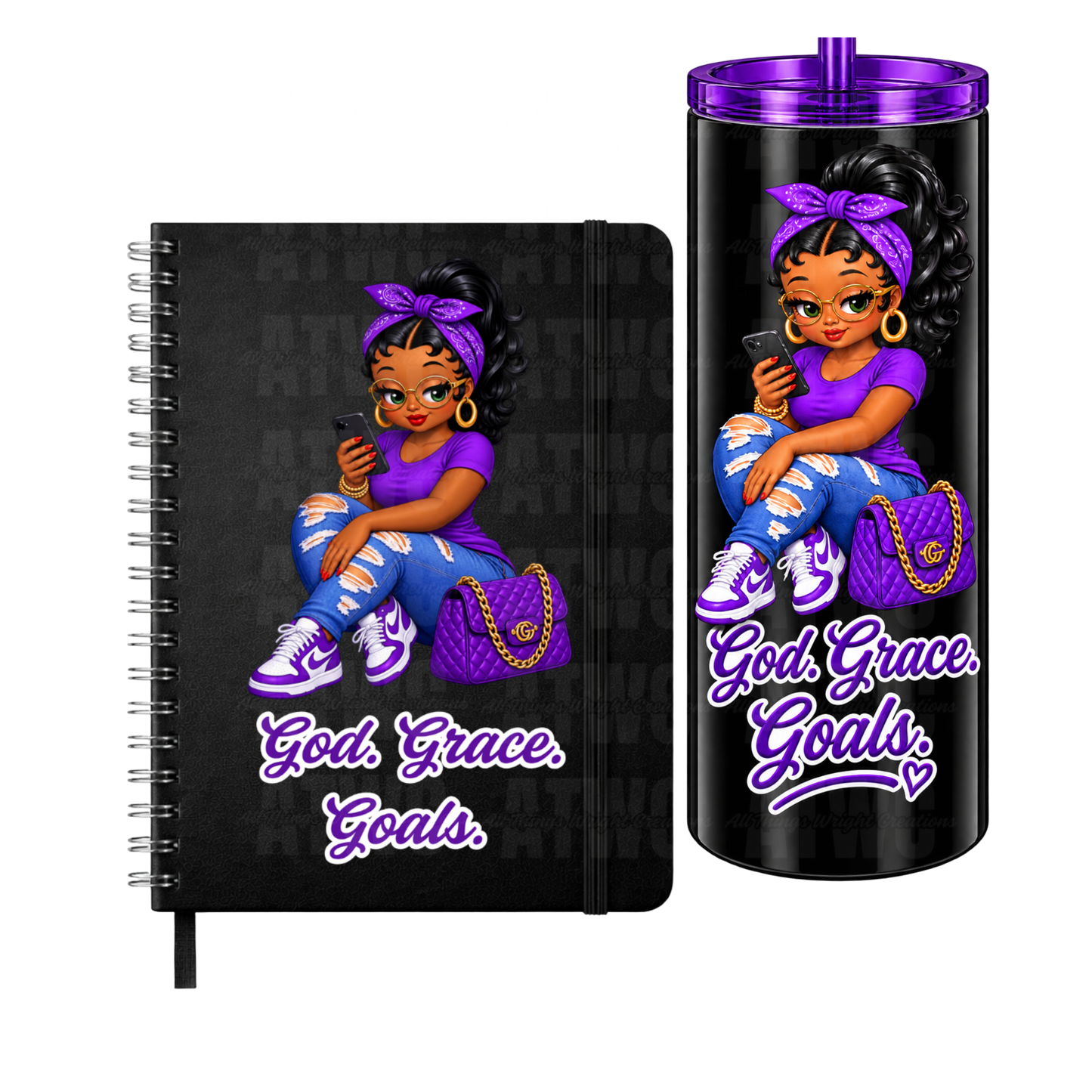 Purple God. Grace. Goals. Tumbler and Journal