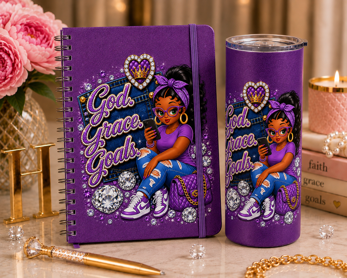Purple God. Grace. Goals. Denim Journal and Tumbler Set