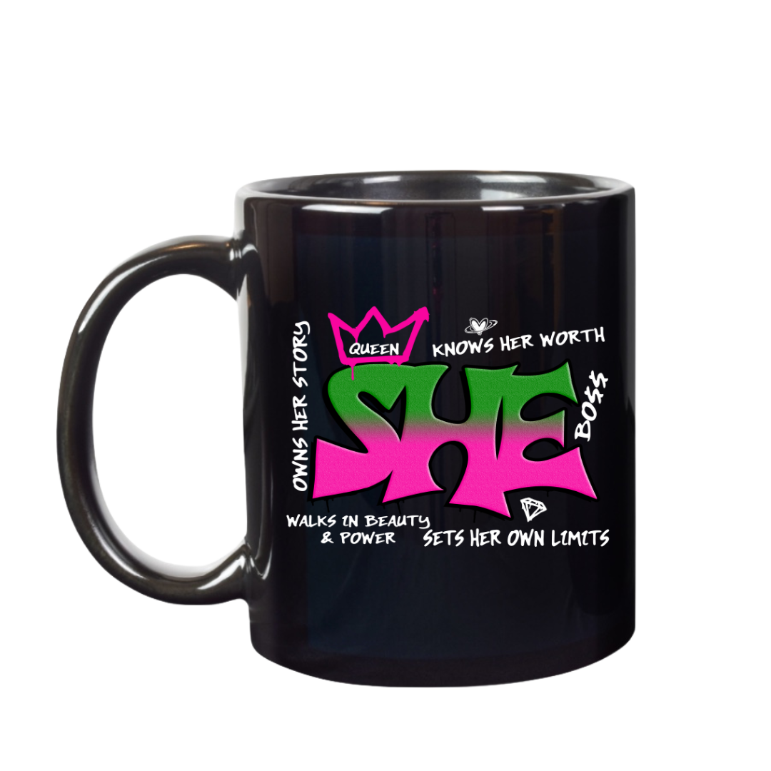 FREE 15 OZ. SHE KNOWS HER WORTH BLACK CERAMIC MUG