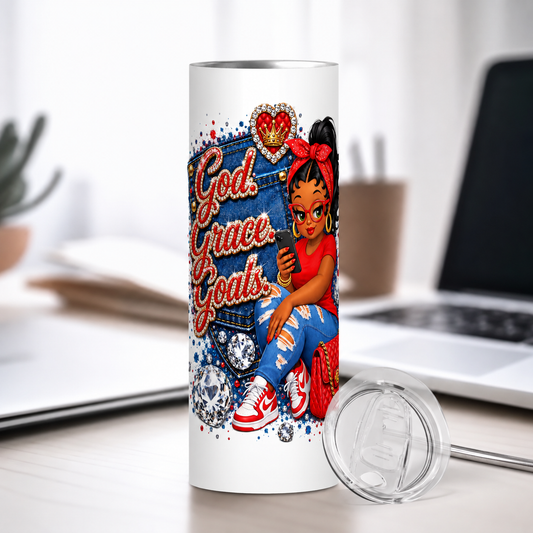 Red God. Grace. Goals. Denim Tumbler (half wrap)