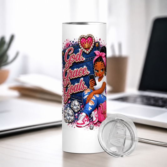 Pink God. Grace. Goals. Denim Tumbler (half wrap)