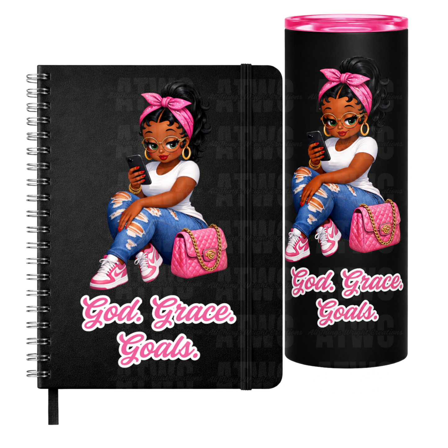 Pink God. Grace. Goals. Tumbler and Journal