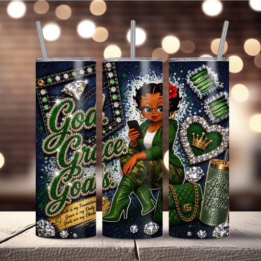 Green God. Grace. Goals. Denim Sublimation Tumbler