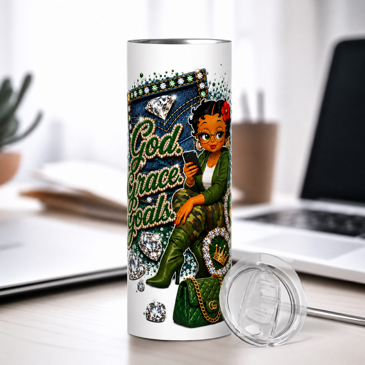 Green God. Grace. Goals. Denim Tumbler (half wrap)