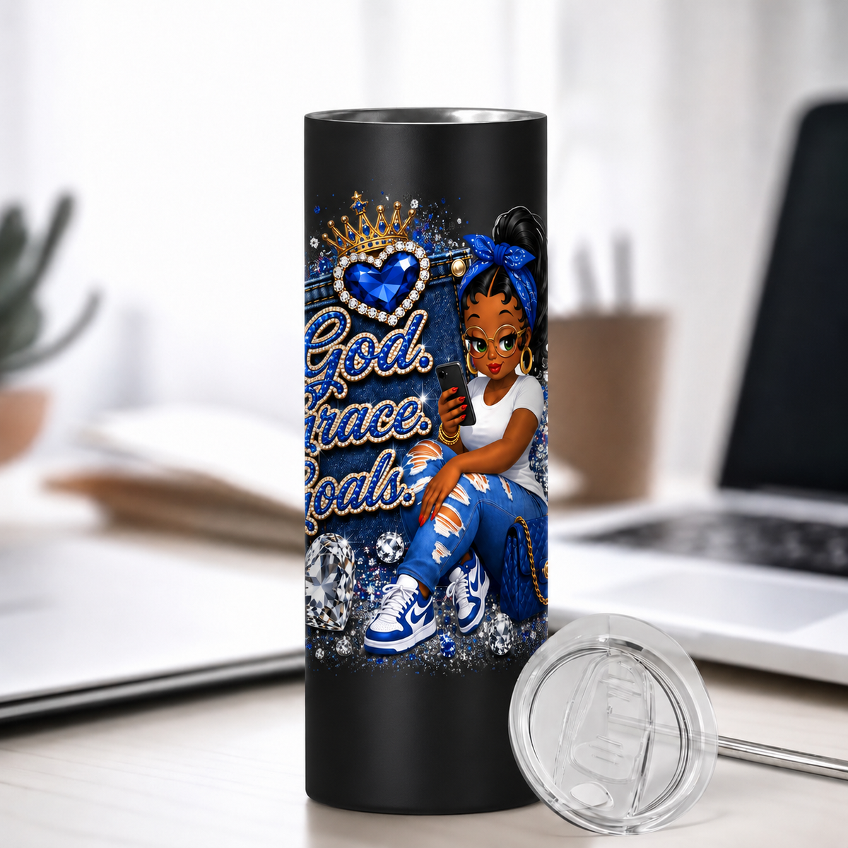 Blue God. Grace. Goals. Denim Tumbler