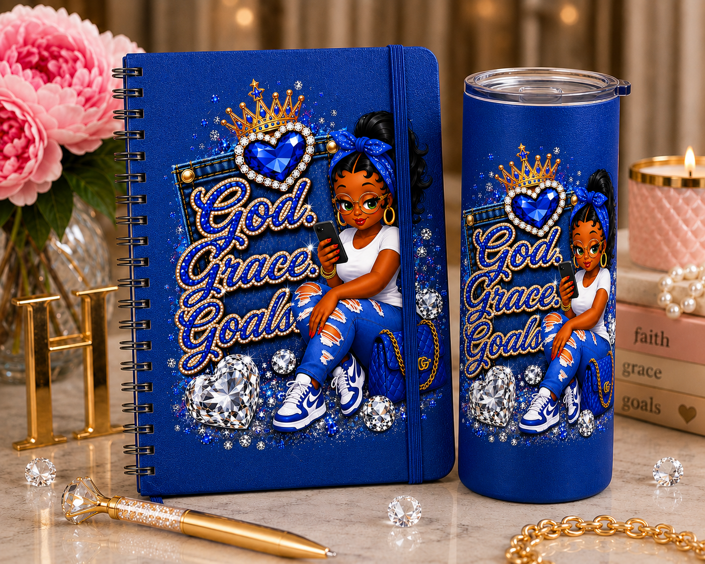 Blue God. Grace. Goals. Denim Journal and Tumbler Set