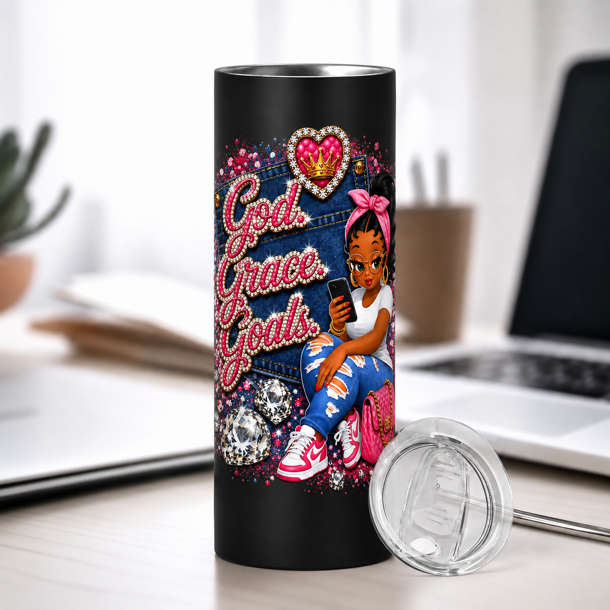 Pink God. Grace. Goals. Denim Tumbler