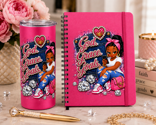 Pink God. Grace. Goals. Denim Journal and Tumbler Set