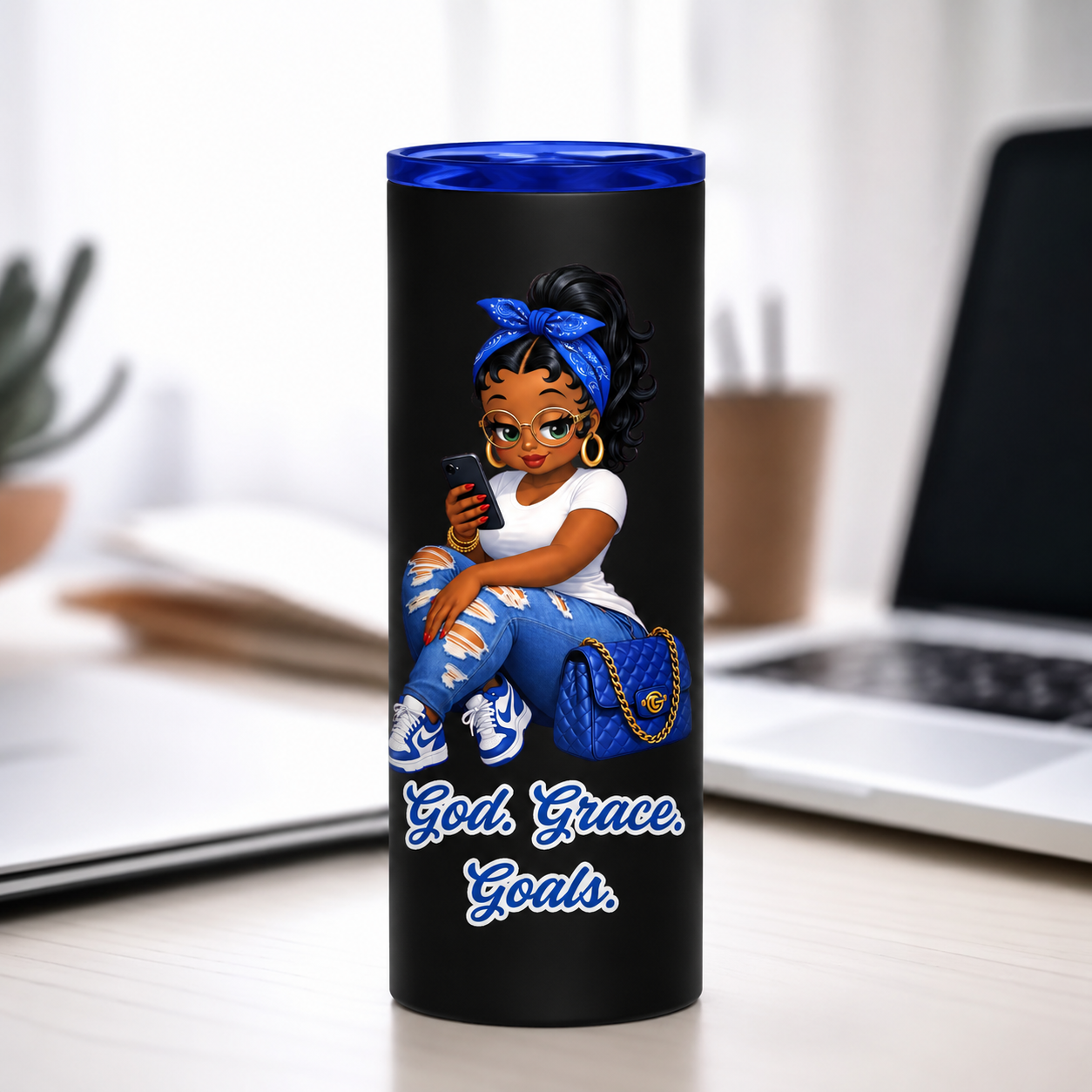 God. Grace. Goals 20 oz. Skinny Tumbler (Blue)