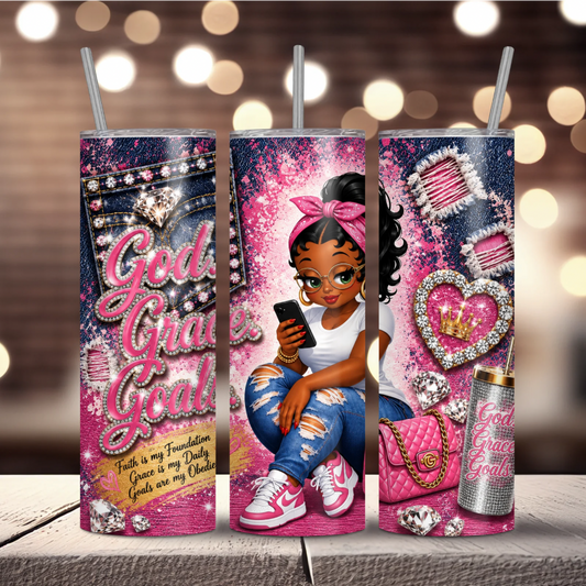 Pink God. Grace. Goals. Denim Sublimation Tumbler