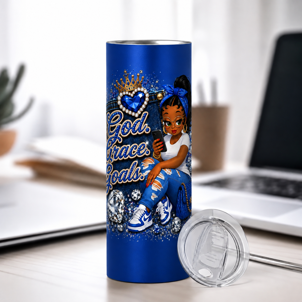 Blue God. Grace. Goals. Denim Tumbler