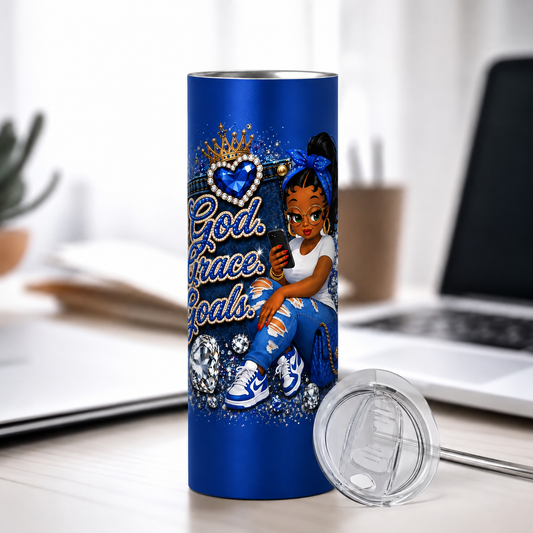 Blue God. Grace. Goals. Denim Tumbler