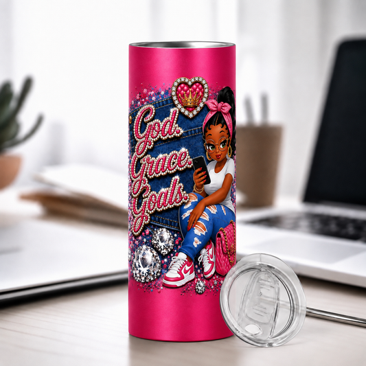 Pink God. Grace. Goals. Denim Tumbler