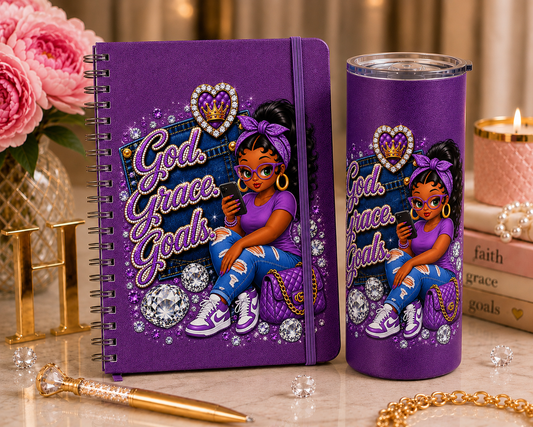 Purple God. Grace. Goals. Denim Journal and Tumbler Set