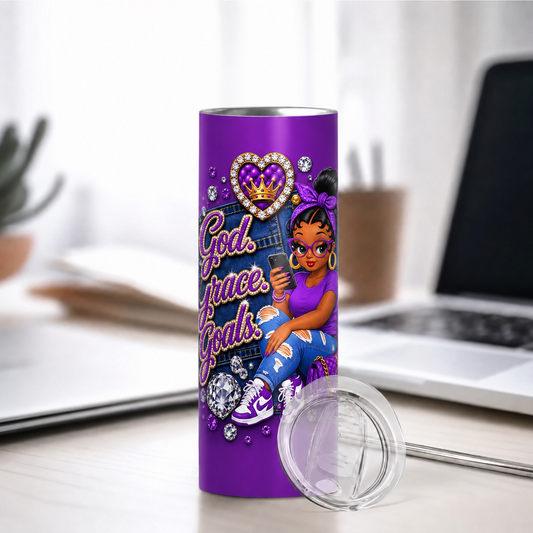 Purple God. Grace. Goals. Denim Tumbler