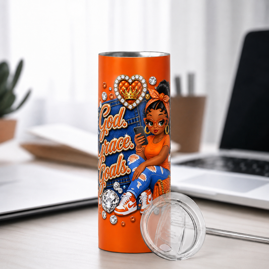 Orange God. Grace. Goals. Denim Tumbler