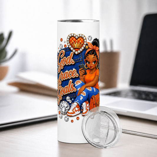 Orange God. Grace. Goals. Denim Tumbler