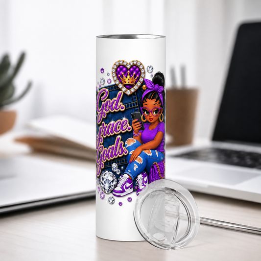 Purple God. Grace. Goals. Denim Tumbler