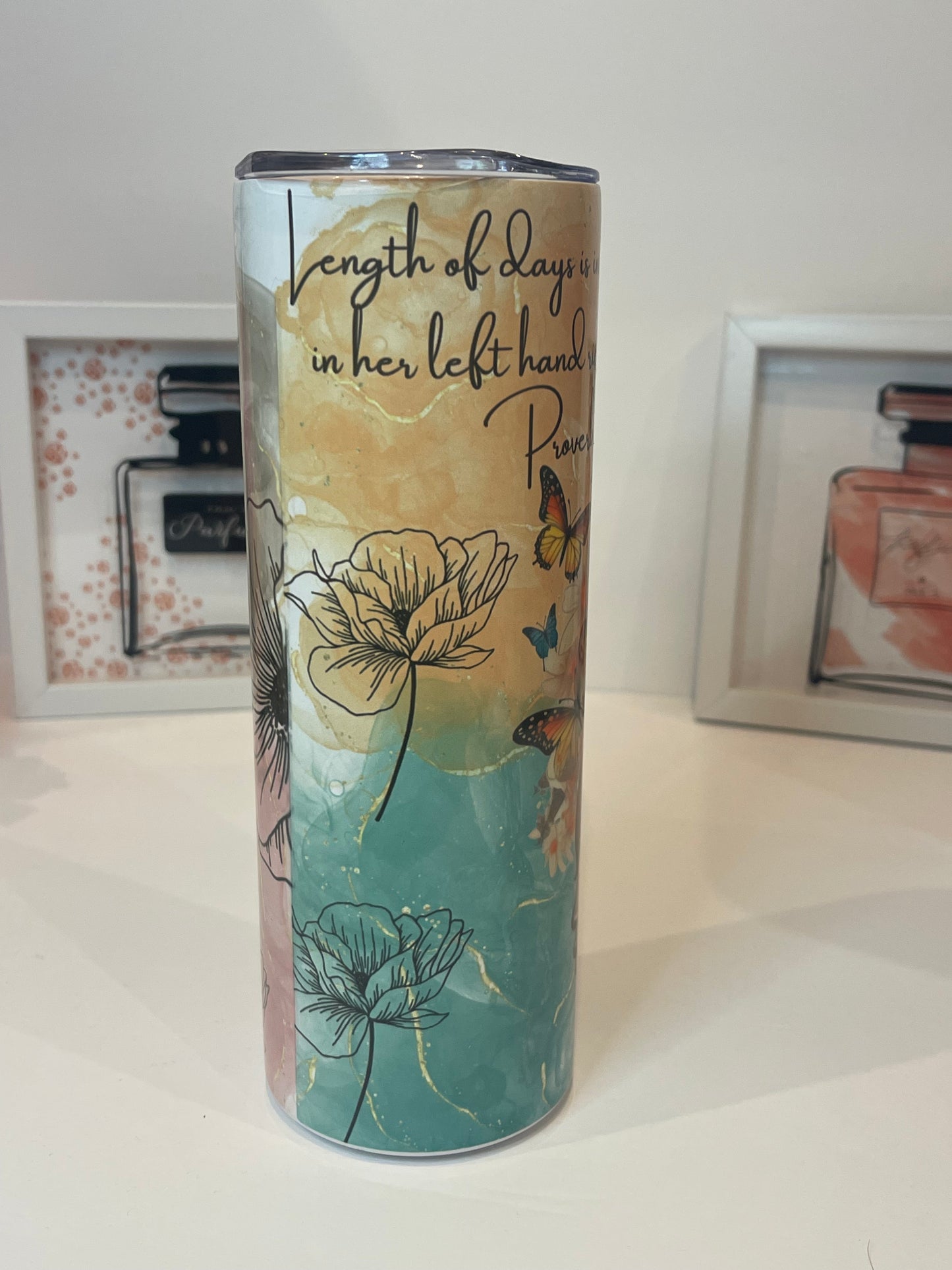 Proverbs 3:16 Butterfly Affirmation Sublimation Tumbler (20 oz).